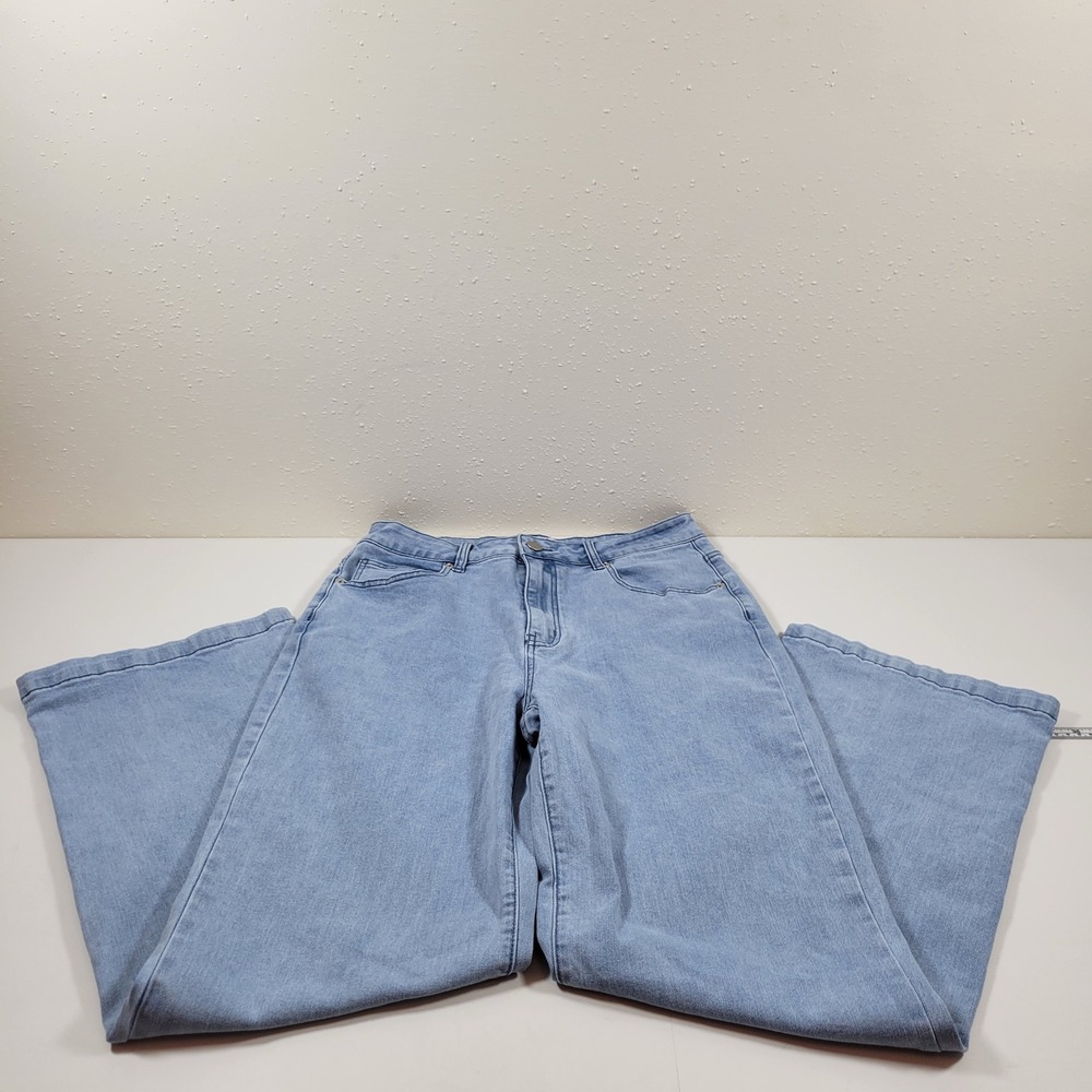 ETTELO Wide Leg Jeans Womens 12 Blue Excellent High Rise Light Wash H9B305